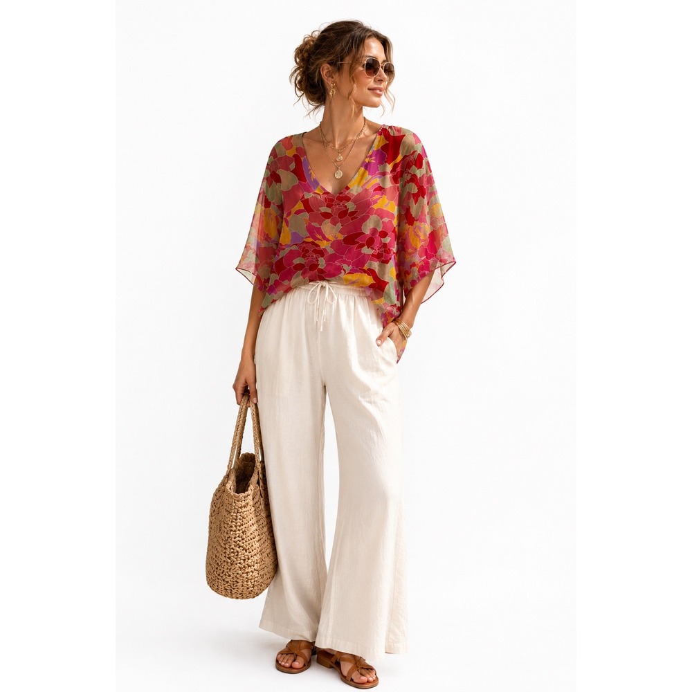 Gigi Moda Floral Silk Top M/L V-Neck Made in Italy Layered short Sleeve
